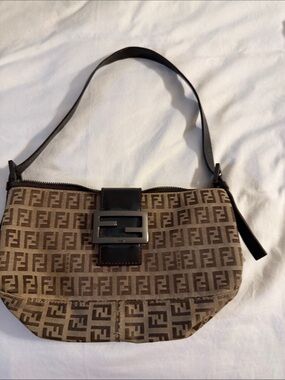 Fendi Brown Monogram Canvas Shoulder Bag with Dark Leather Strap